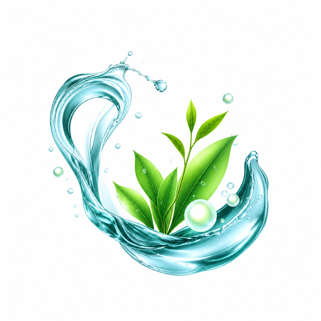 Abstract wellness illustration with water, leaves and glowing orbs